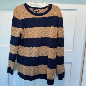 Lands End - size L Tall-Navy and Tan Cotton Striped Sweater - like new condition